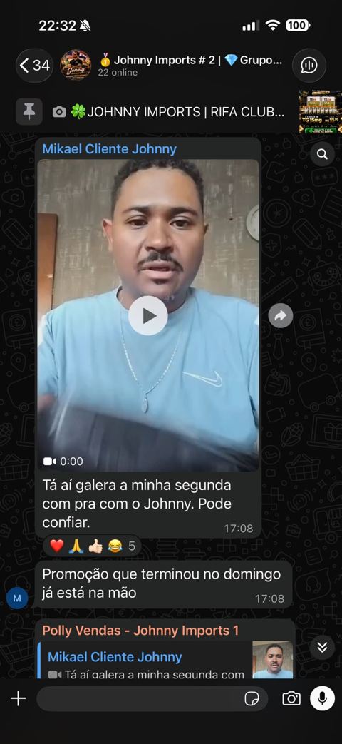 Print do Grupo #2: cliente Mikael grava vídeo confirmando a segunda compra com a Johnny Imports